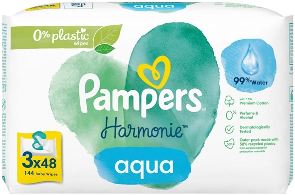 Prima Pampers Harmonie Islak Havlu Mendil Aqua Pure 48 Yaprak 3 Lü Set (144 Yaprak) Organik Pamuk