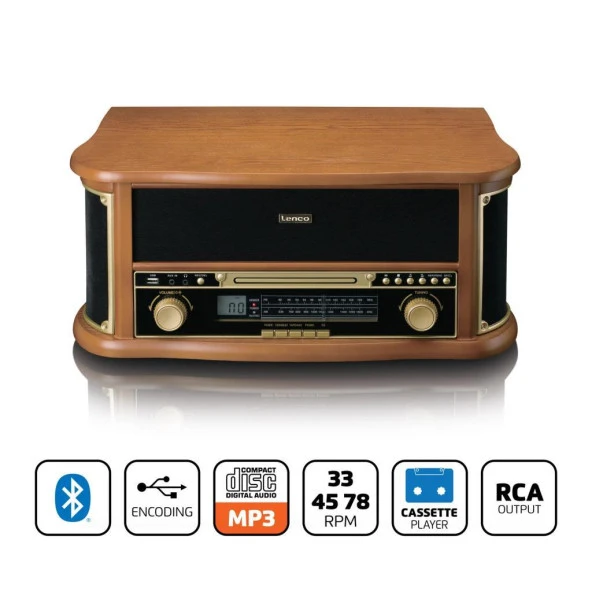 Lenco Classic Phono TCD-2571 Retro Pikap Bluetooth USB DAB+/FM Radyo CD Kaset AHŞAP Plak Çalar - 9