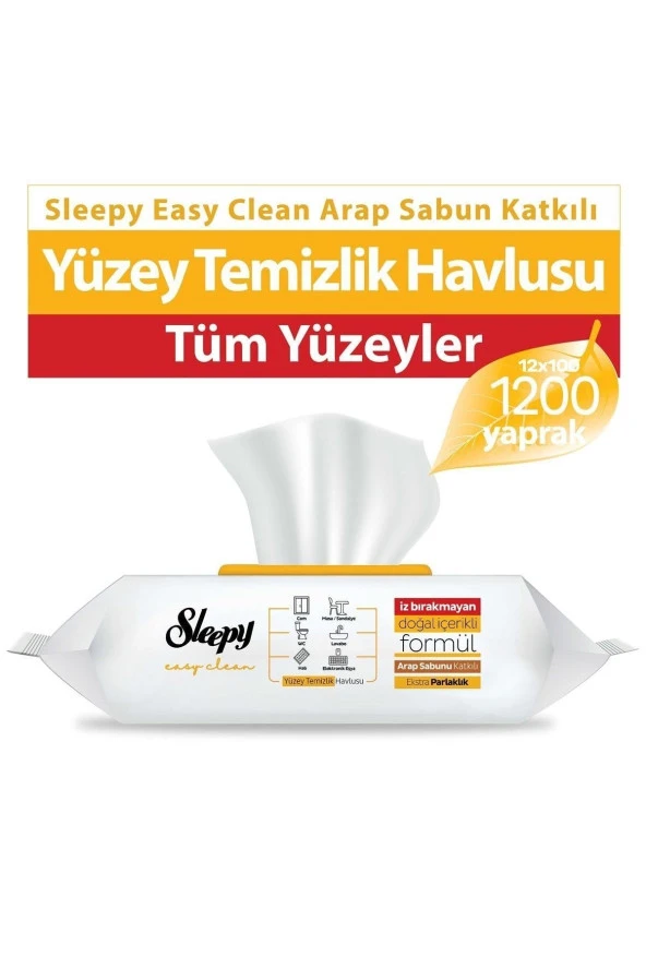 Sleepy Easy Clean Arap Sabunu Katkılı Yüzey Temizlik Havlusu 100 Yaprak 12'li