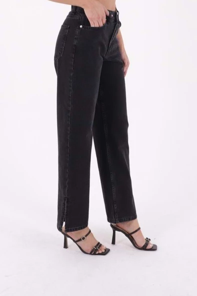 Paçaları Yırtmaç Detaylı ve Geniş Paçalı Yüksek Belli Rahat Jean Kadın Kot Pantolon Antrasit Denim  - 4