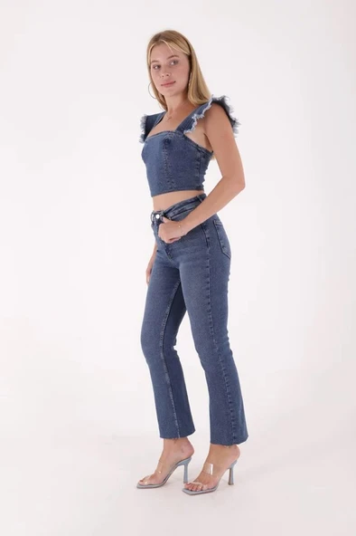 Geniş Paçalı ve Yüksek Belli Paçaları Dikişsiz Detaylı Esnek Mom Kadın Kot Pantolon Koyu Mavi Denim - 5