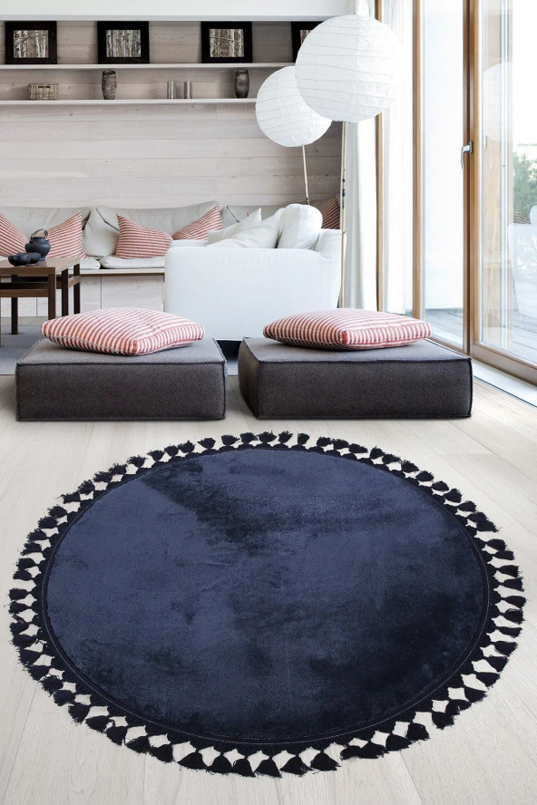 Relax Lacivert Yuvarlak 150x150 Cm Ponpon Saçaklı Kaymaz Tabanlı Makinede Yıkanabilir Banyo Paspası