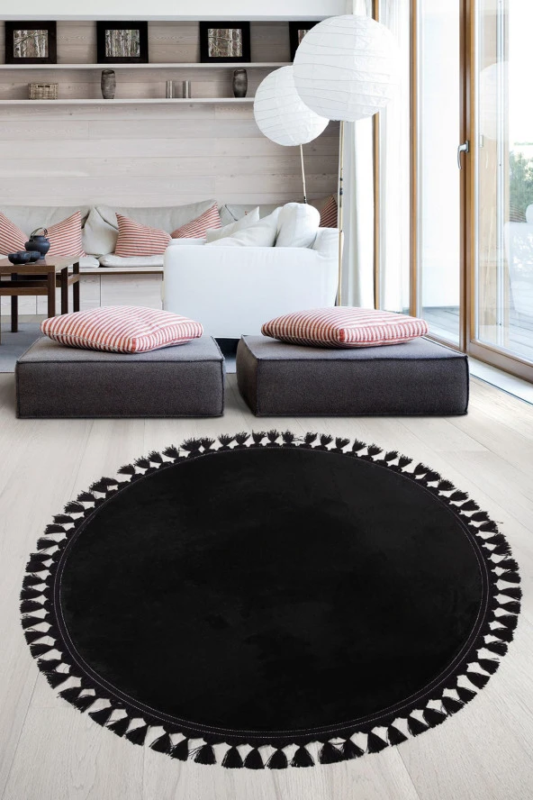 Relax Siyah Yuvarlak 150x150 Cm Ponpon Saçaklı Kaymaz Tabanlı Makinede Yıkanabilir Banyo Paspası