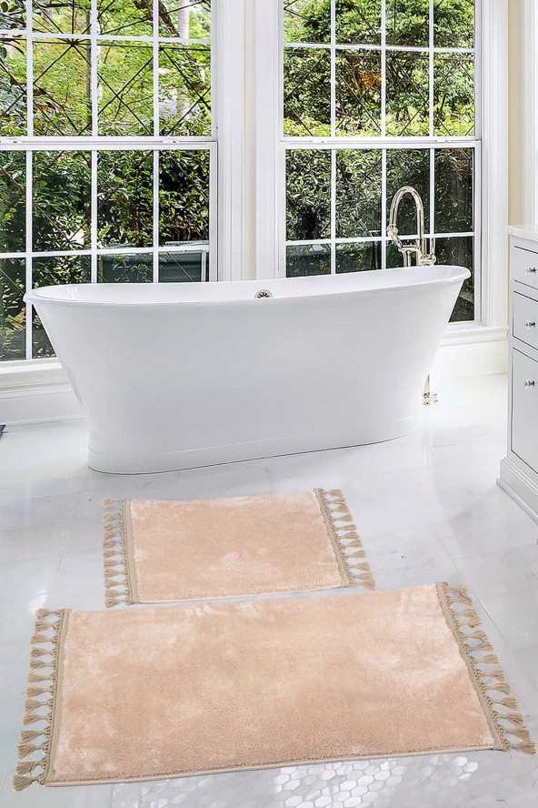 Relax Vizon 60x100 + 50x60 cm 2li Köşeli Ponpon Saçaklı Banyo Halısı Paspası Seti Kaymaz Tabanlı