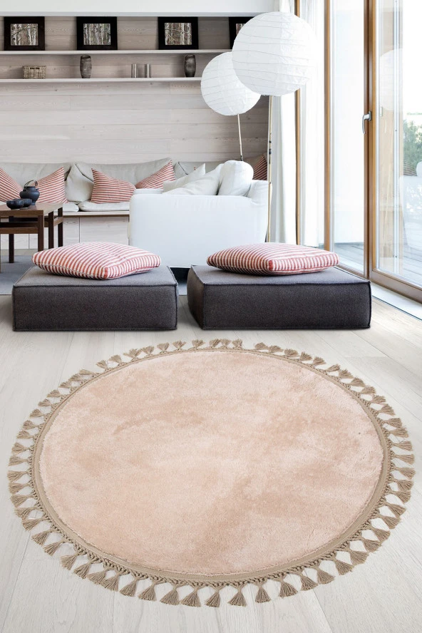 Relax Vizon Yuvarlak 100x100 Cm Ponpon Saçaklı Kaymaz Tabanlı Makinede Yıkanabilir Banyo Paspası