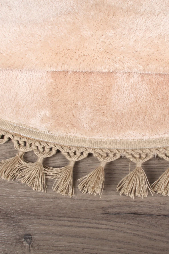 Relax Vizon Yuvarlak 100x100 Cm Ponpon Saçaklı Kaymaz Tabanlı Makinede Yıkanabilir Banyo Paspası - 5