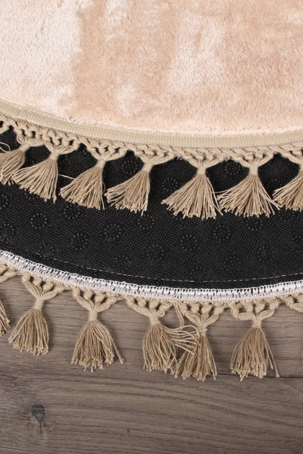 Relax Vizon Yuvarlak 100x100 Cm Ponpon Saçaklı Kaymaz Tabanlı Makinede Yıkanabilir Banyo Paspası - 4