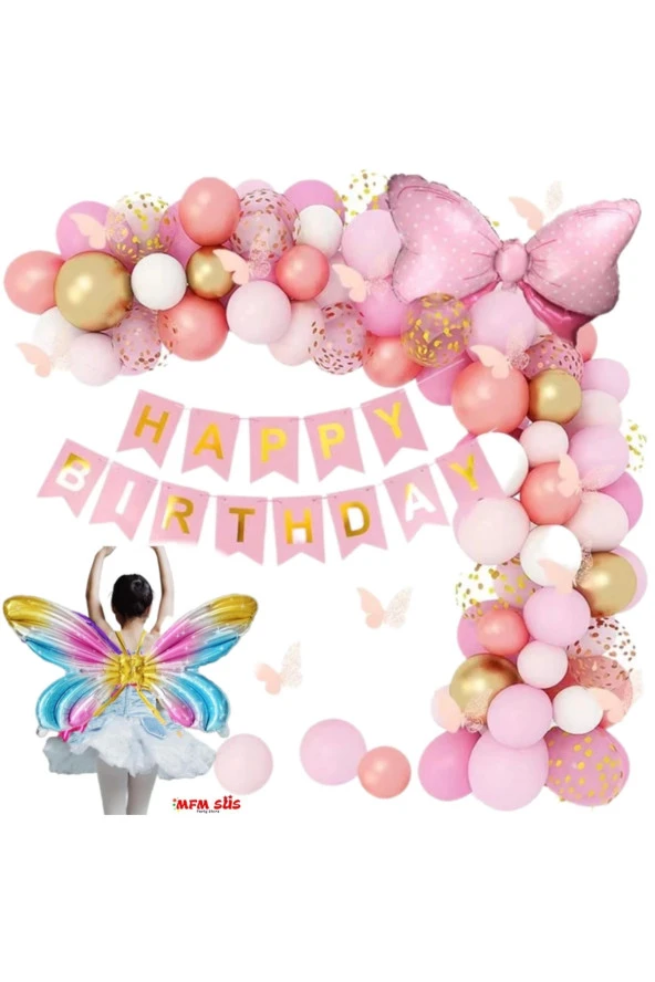 Happy birthday fiyonk melek kanadı temalı folyo zincir balon seti