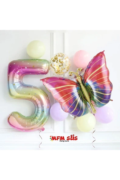 5 yaş kelebek gökkuşağı folyo balon seti 100 cm