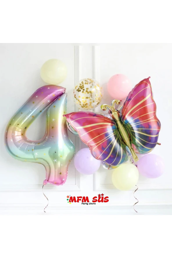 4 yaş kelebek gökkuşağı folyo balon seti 100 cm