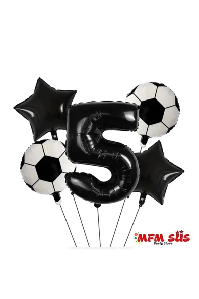 Parti 5 Yaş Rakam Siyah Yuvarlak Futbol Taraftar Folyo Balon Doğum Günü Seti