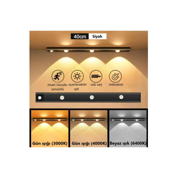 neeko Hareket Sensörlü - Dekoratif Gece Lambası - USB Şarjlı LED AYDINLATMA SİYAH KASA 30cm - 2