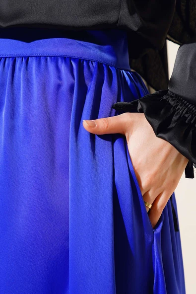 Beli Büzgülü Piliseli Saten Etek Saks - Resim 4