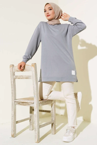 Yazı Baskı Armalı Tunik Gri ürün görseli