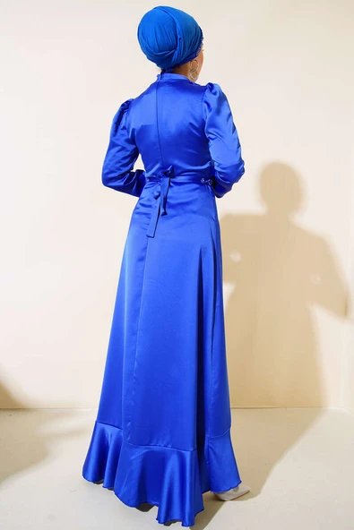 Eteği Fırfırlı Kuşak Bağlamalı Elbise Saks - Resim 3