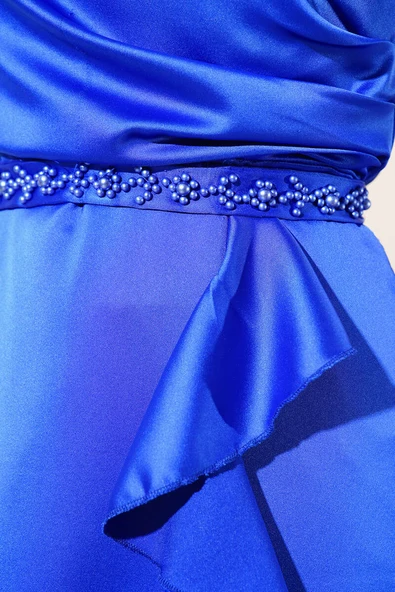 Eteği Fırfırlı Kuşak Bağlamalı Elbise Saks - Resim 4