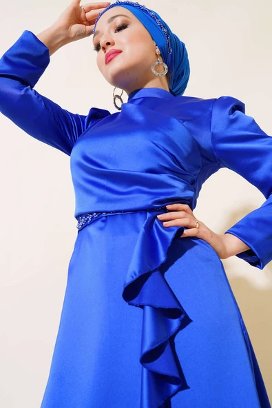 Eteği Fırfırlı Kuşak Bağlamalı Elbise Saks - Resim 2