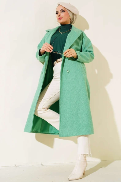 İnce Zikzak Çizgili Kaşe Kaban Yeşil - Resim 2