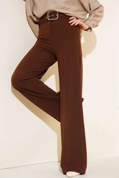 Kemerli Geniş Paça Pantolon Kahve - Resim 2