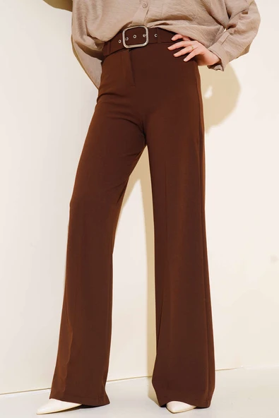 Kemerli Geniş Paça Pantolon Kahve ürün görseli 1