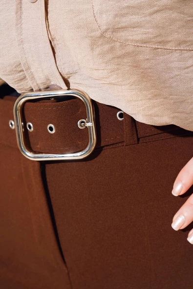 Kemerli Geniş Paça Pantolon Kahve - Resim 4