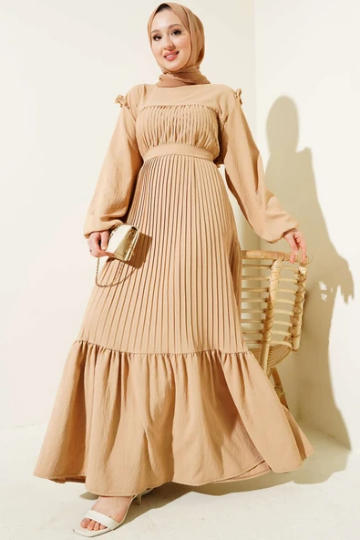 Kuşaklı Pliseli Prenses Elbise Latte ürün görseli 1