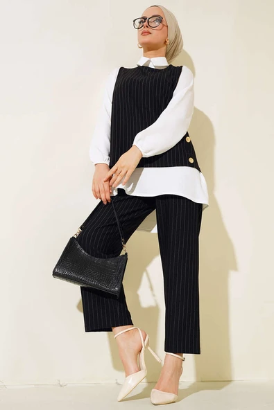 Çizgili Üçlü Takım Siyah ürün görseli 1