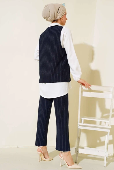 Çizgili Üçlü Takım Lacivert - Resim 3