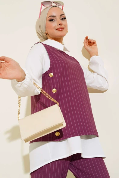 Çizgili Üçlü Takım Magenta - Resim 2