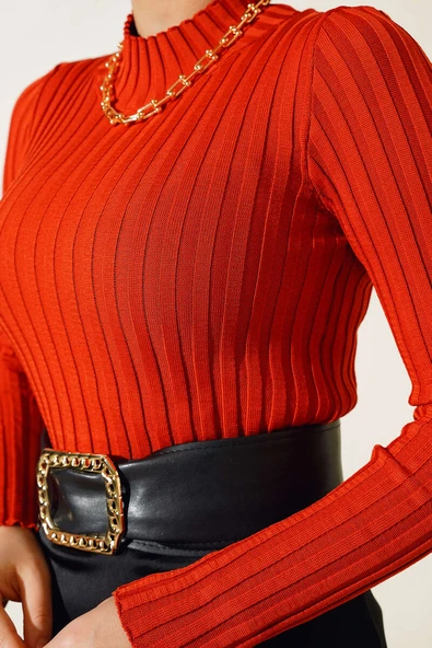 Fitilli Esnek Triko Kazak Kiremit - Resim 4