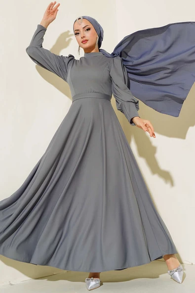 Balon Kol Omuz Pileli Elbise Gri ürün görseli 1