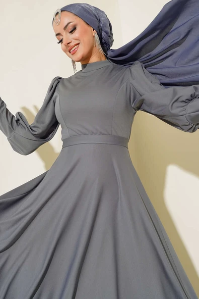 Balon Kol Omuz Pileli Elbise Gri - Resim 2