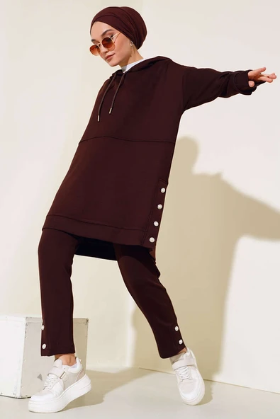 Kapüşonlu Yanları Taşlı İkili Takım Kahve ürün görseli 1