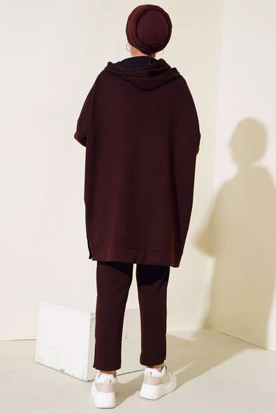 Kapüşonlu Yanları Taşlı İkili Takım Kahve - Resim 3