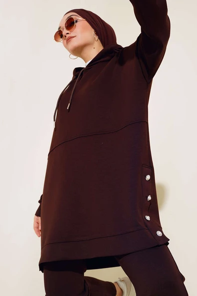 Kapüşonlu Yanları Taşlı İkili Takım Kahve - Resim 2