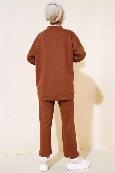 Boydan Fermuarlı Pantolonu Cepli İkili Takım Kahve - 3
