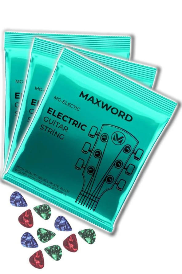 Maxword GT-Electric-3X Kaliteli elektro Gitar Teli 3 Takım Set (10 Pena Hediye)