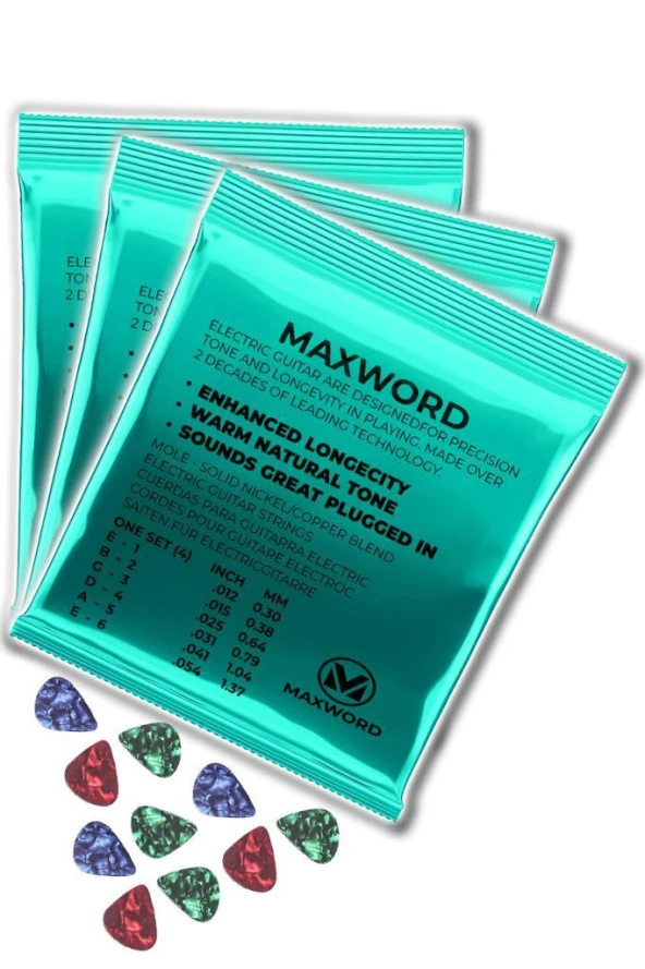 Maxword GT-Electric-3X Kaliteli elektro Gitar Teli 3 Takım Set (10 Pena Hediye) - 2