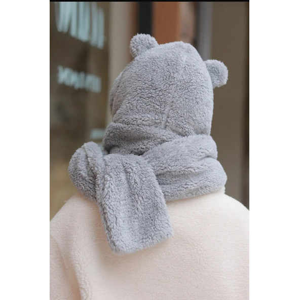 Bundeba Kapüşonlu Peluş Bere Atkı Kadın Welsoft Polar Boyunluk Şalı Rüzgar Geçirmez Kulaklı Şapka - 3