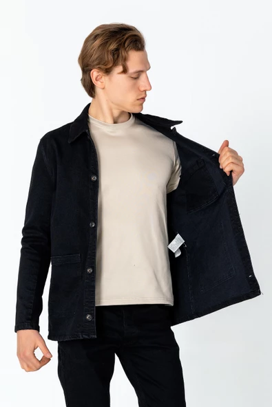 CEKMON Erkek Regular Fit Denim Dokuma Sade Rahat Yağlı Kot Ceket - 3