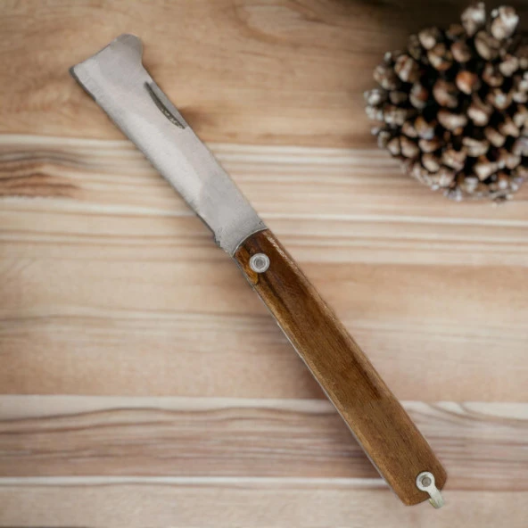 Ahşap Saplı Bıçak Çakı Aşı Bıçağı Profesyonel Çelik Tepeli Uçlu Bağ Ağaç Budama Çentikli Aşı Çakısı 190 mm - 5