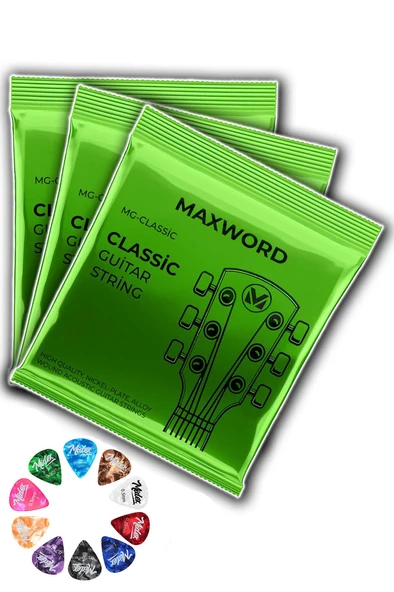 Maxword GT-Classic-3X Kaliteli Klasik Gitar Teli 3 Takım Set (10 Pena Hediye)