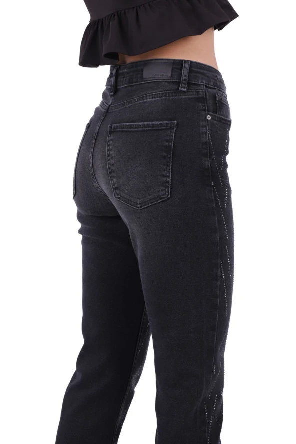 Çizgili Taşlı ve Yüksek Belli Paçaları Dikişsiz Mom Jean Kadın Kot Pantolon Antrasit Denim - 4