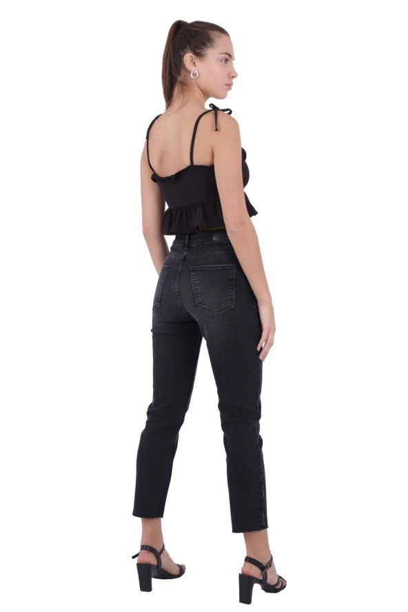 Çizgili Taşlı ve Yüksek Belli Paçaları Dikişsiz Mom Jean Kadın Kot Pantolon Antrasit Denim - 5