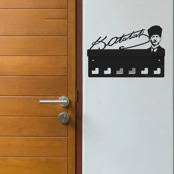 Atatürk Tasarımlı Duvar Askılı Anahtarlık ve Mektup Rafı Model-1 - Siyah - 5