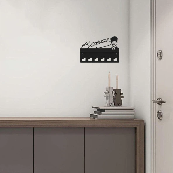 Atatürk Tasarımlı Duvar Askılı Anahtarlık ve Mektup Rafı Model-1 - Siyah - 6