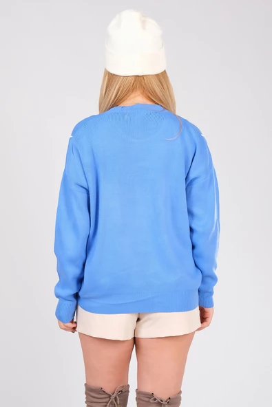 Kadın Nakış İşlemeli Oversize Kazak Mavi - 6