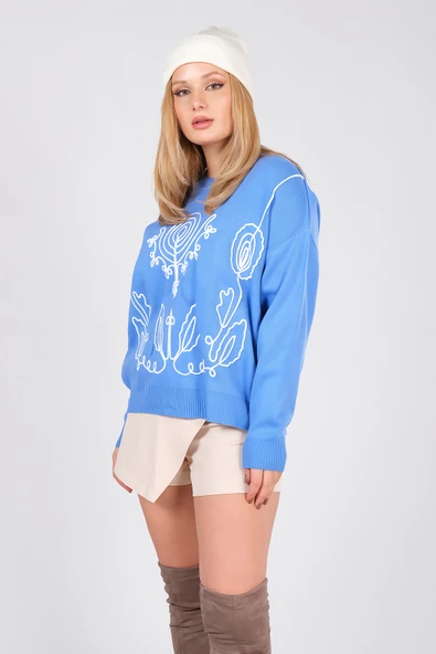 Kadın Nakış İşlemeli Oversize Kazak Mavi - 3