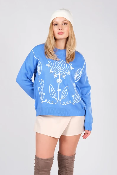 Kadın Nakış İşlemeli Oversize Kazak Mavi - 2