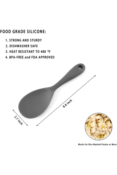 Burcummm 2 Adet Silikon Sert Uçlu Kısa Pilav Kaşığı Gri - 3